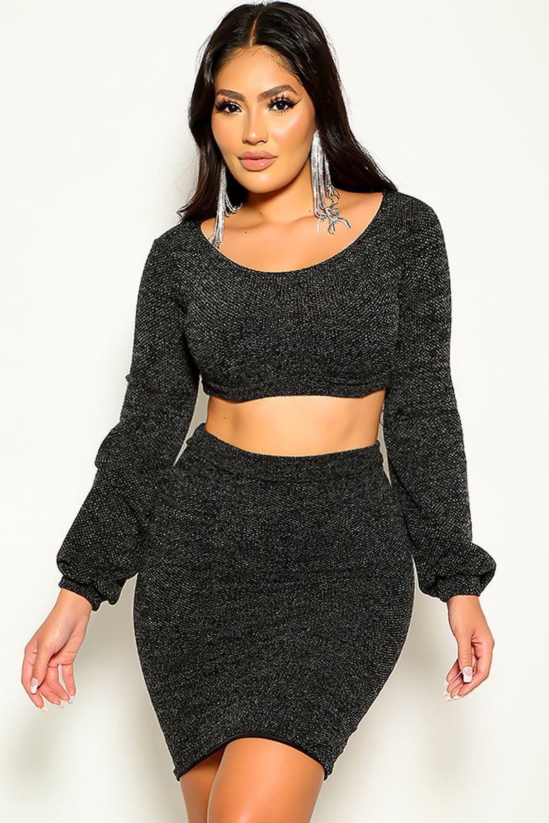 Black Sexy 2 Pc Knitted Sweater Crop Top & Skirt Dress - AMIClubwear