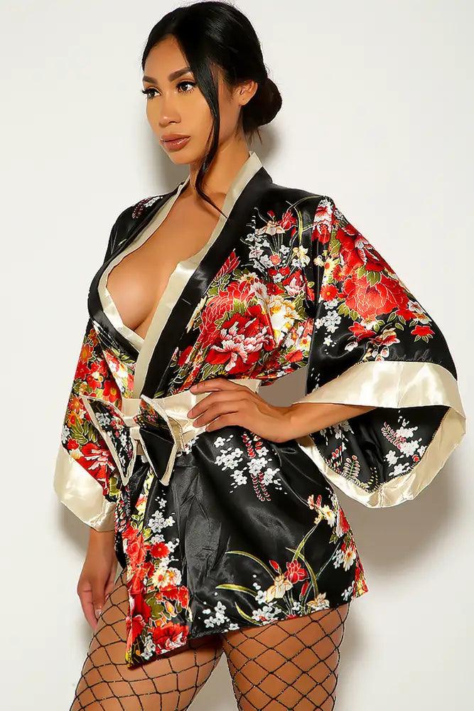Black Sexy Floral Print Traditional Japanese Kimono 3pc Sexy Costume - AMIClubwear