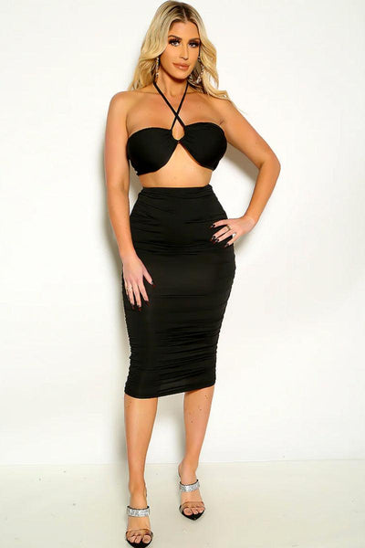 Black Sexy Halter Backless Ruched Skirt 2 Pc Set - AMIClubwear