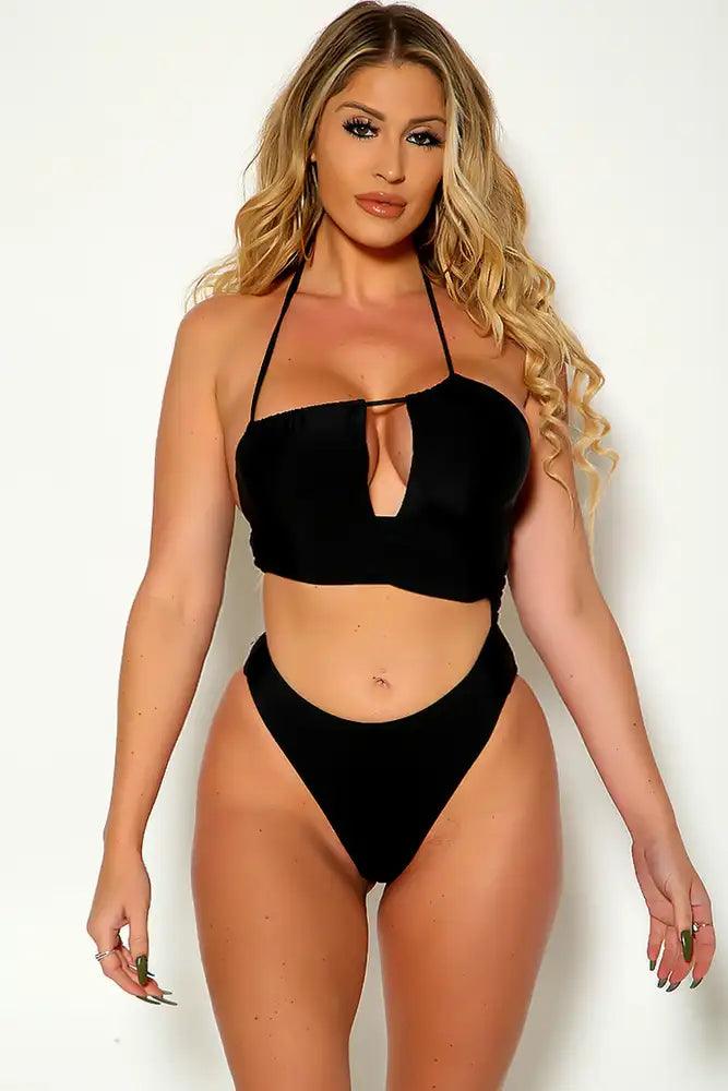 Black Sexy Halter Cut Out One Piece Swimsuit - AMIClubwear
