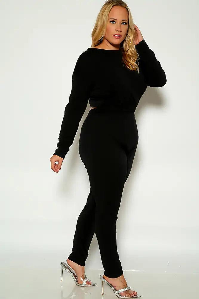 Black Sexy Long Sleeve Lounge Wear Cozy Plus Size Two Piece Outfit - AMIClubwear