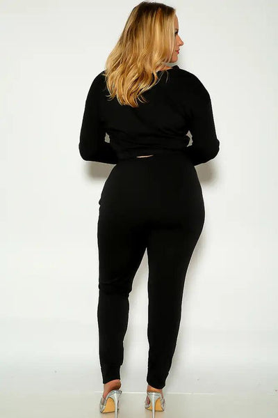 Black Sexy Long Sleeve Lounge Wear Cozy Plus Size Two Piece Outfit - AMIClubwear