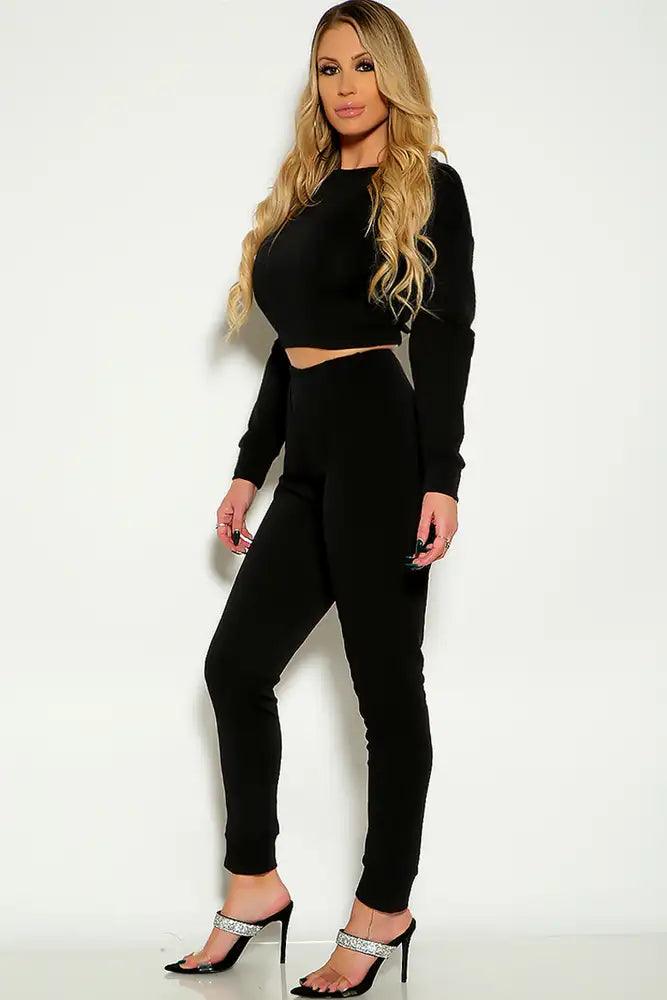 Black Sexy Long Sleeve Lounge Wear Cozy Two Piece Outfit - AMIClubwear