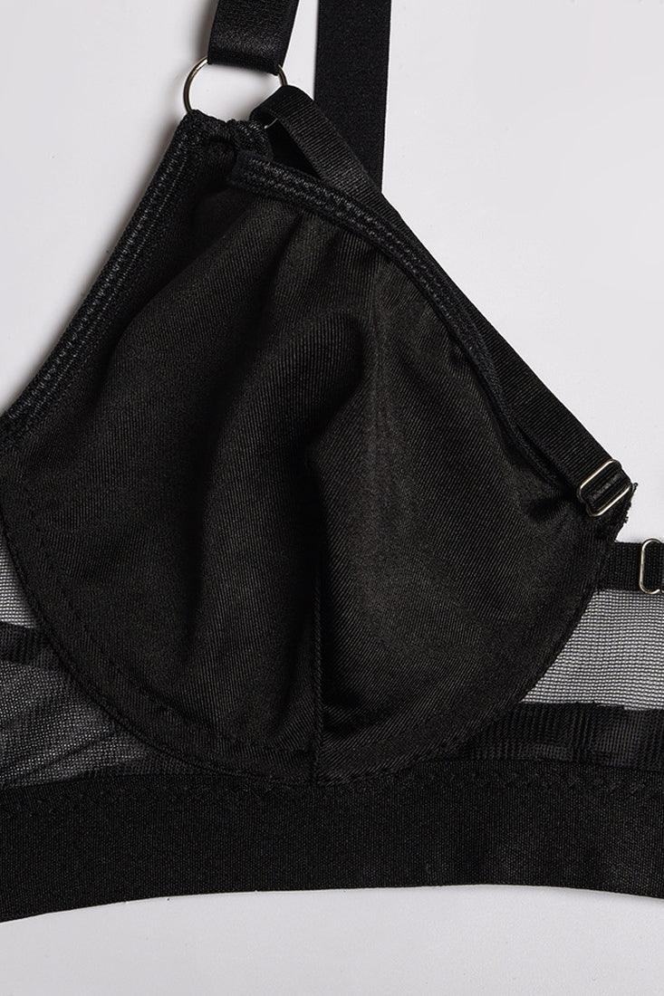 Black Sexy Sheer Mesh Underwire Elastic Garter 5 Pc Lingerie Set - AMIClubwear