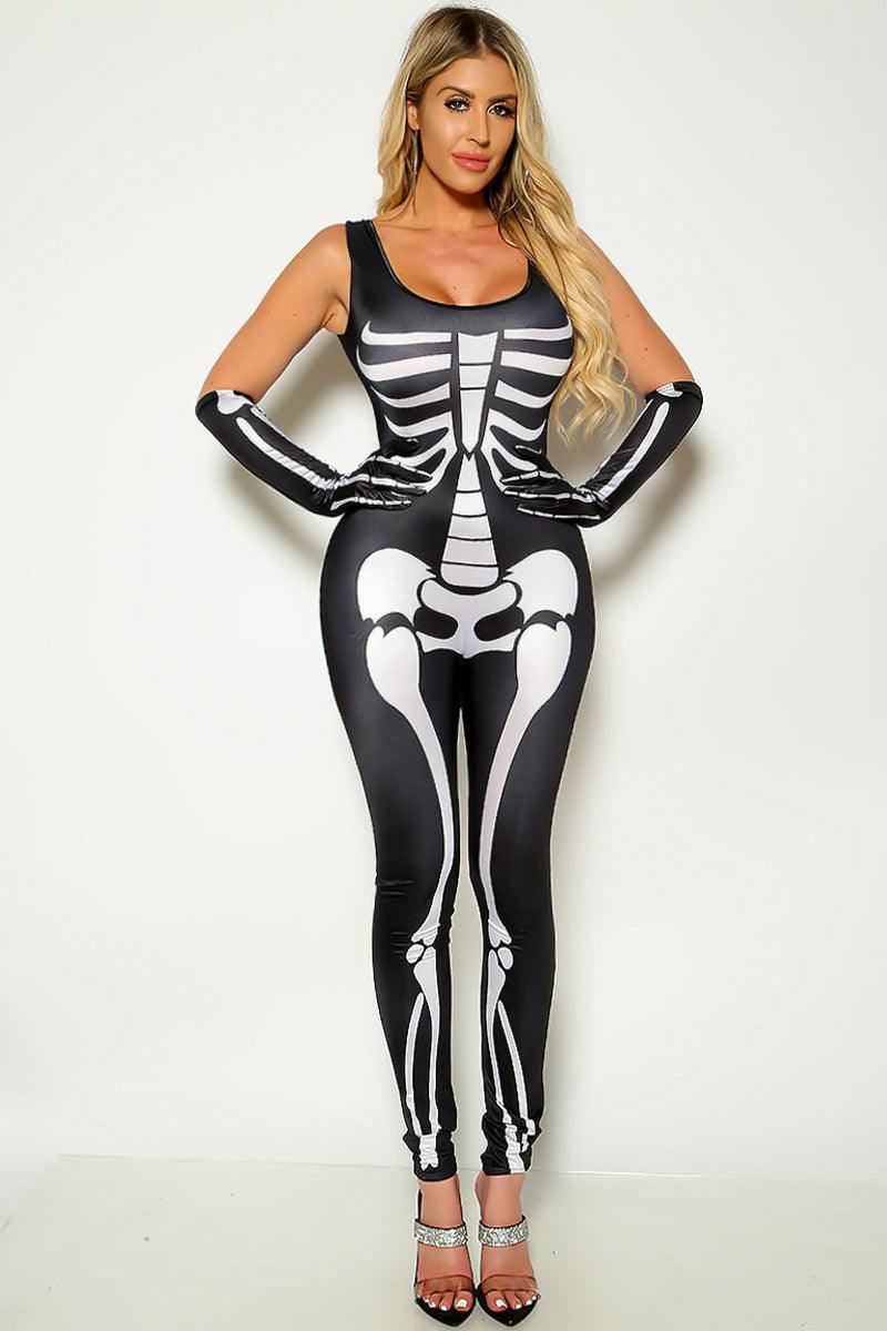 Black Sexy Skeleton Print Sleeveless Jumpsuit With Gloves Costume - AMIClubwear