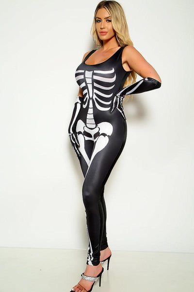 Black Sexy Skeleton Print Sleeveless Jumpsuit With Gloves Costume - AMIClubwear