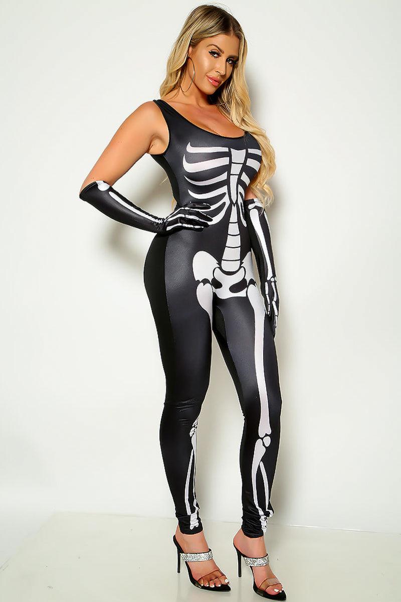 Black Sexy Skeleton Print Sleeveless Jumpsuit With Gloves Costume M/L / Black