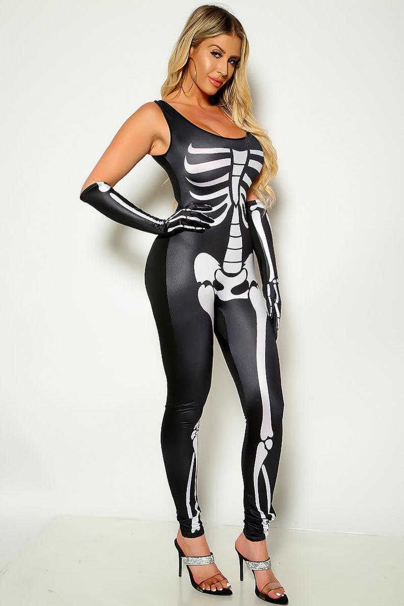 Black Sexy Skeleton Print Sleeveless Jumpsuit With Gloves Costume - AMIClubwear