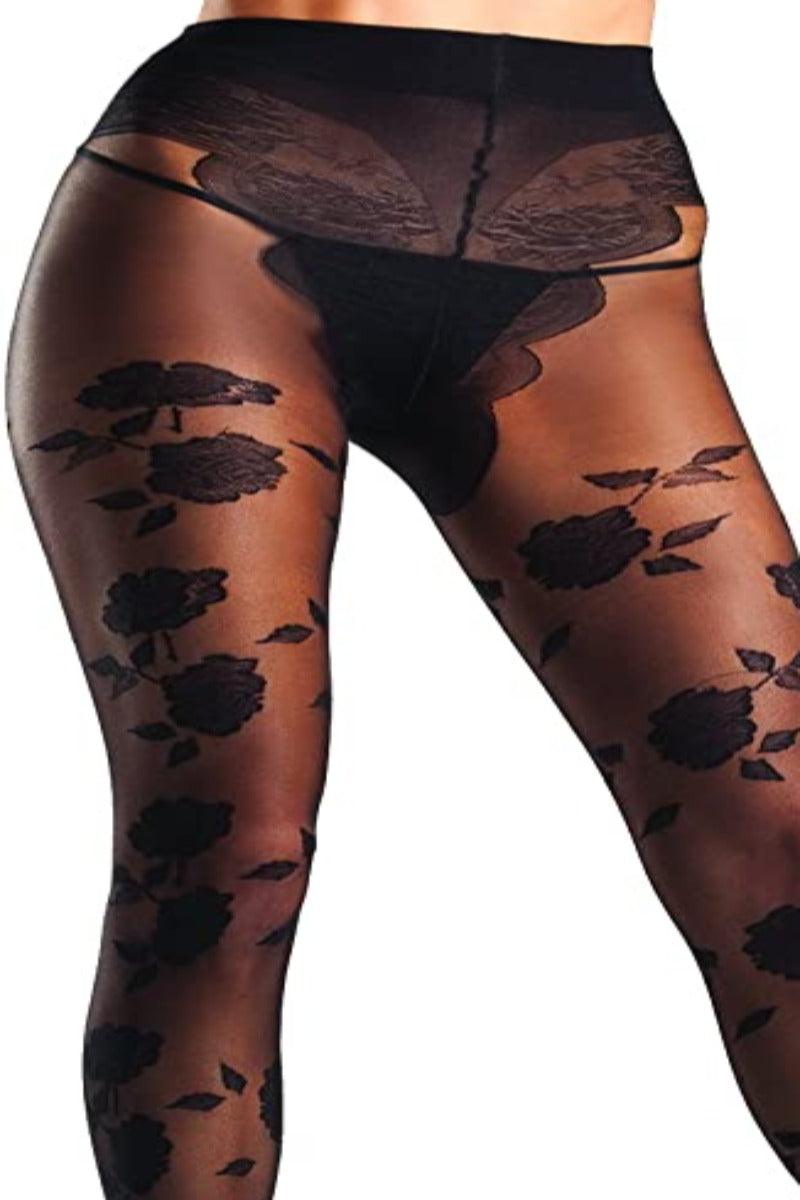Black Sheer Spandex Floral Pantyhose - AMIClubwear