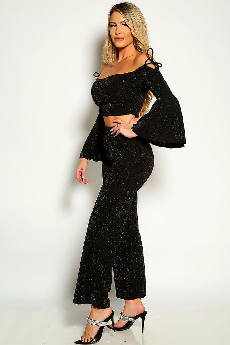 Black Shimmer Long Bell Sleeve Flared Two Piece Outfit - AMIClubwear