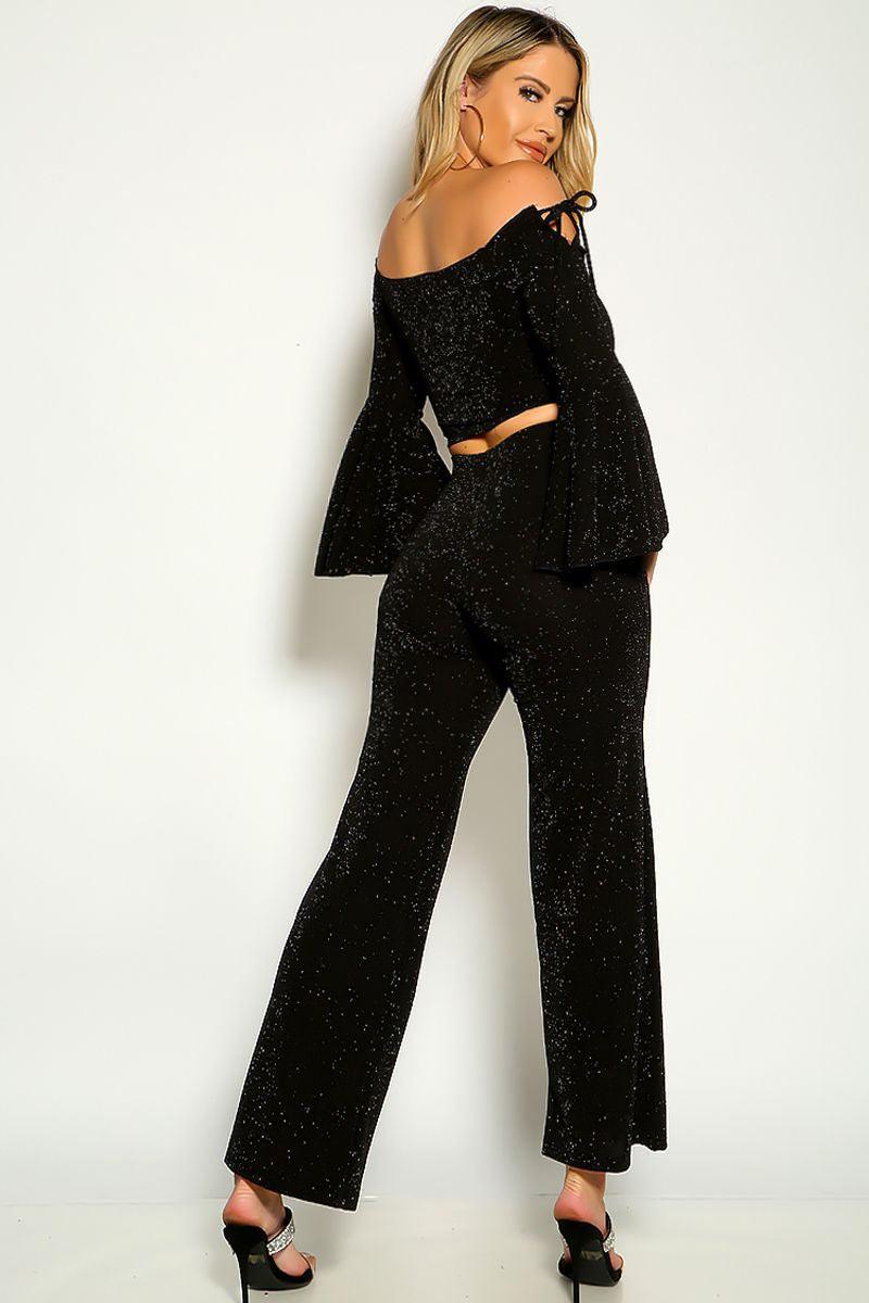 Black Shimmer Long Bell Sleeve Flared Two Piece Outfit - AMIClubwear