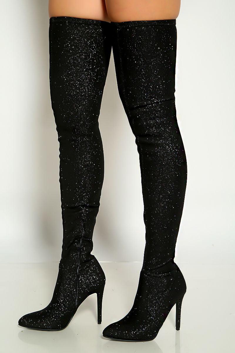 Black Shimmer Pointy Toe Stretchy Thigh High Heel Boots - AMIClubwear