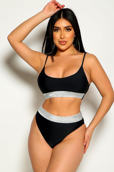 Black Shimmery Mid Rise Two Piece Swimsuit - AMIClubwear