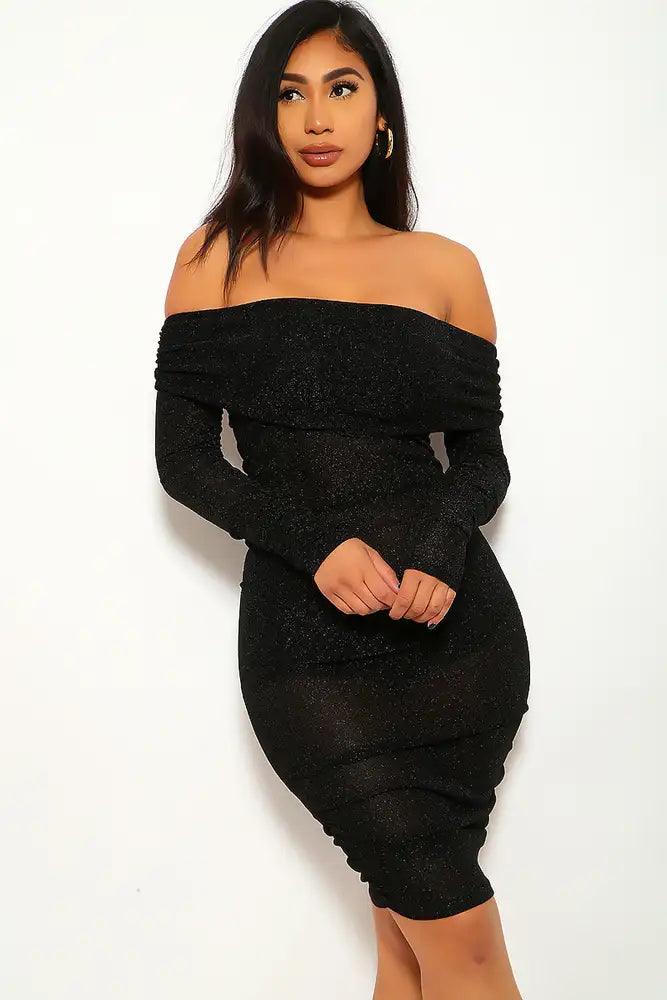 Black Shimmery Off The Shoulder Party Dress - AMIClubwear