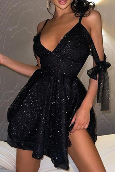 Black Shimmery Short Sleeve Party Dress - AMIClubwear
