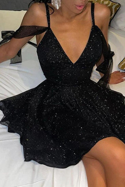 Black Shimmery Short Sleeve Party Dress - AMIClubwear