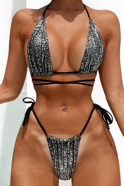 Black Shimmery Strappy Sexy Two Piece Swimsuit - AMIClubwear