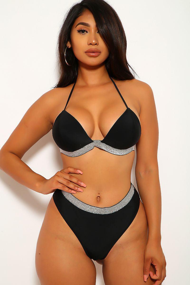 Black Shimmery Two Piece Swimsuit - AMIClubwear