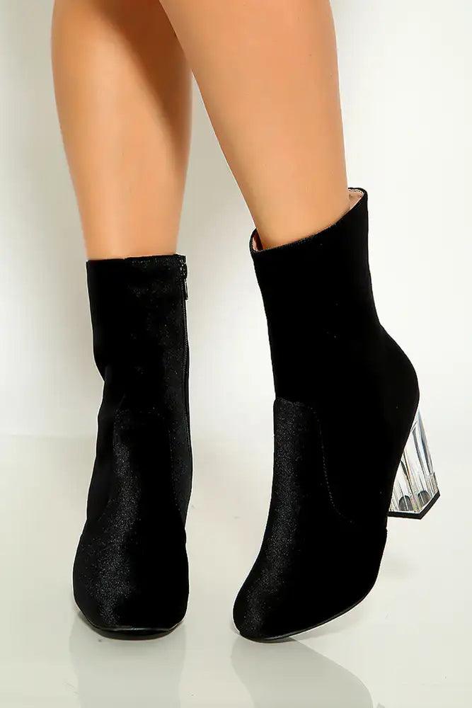 Black Shine Round Toe Clear Chunky Heel Booties Faux Velvet – AMIClubwear