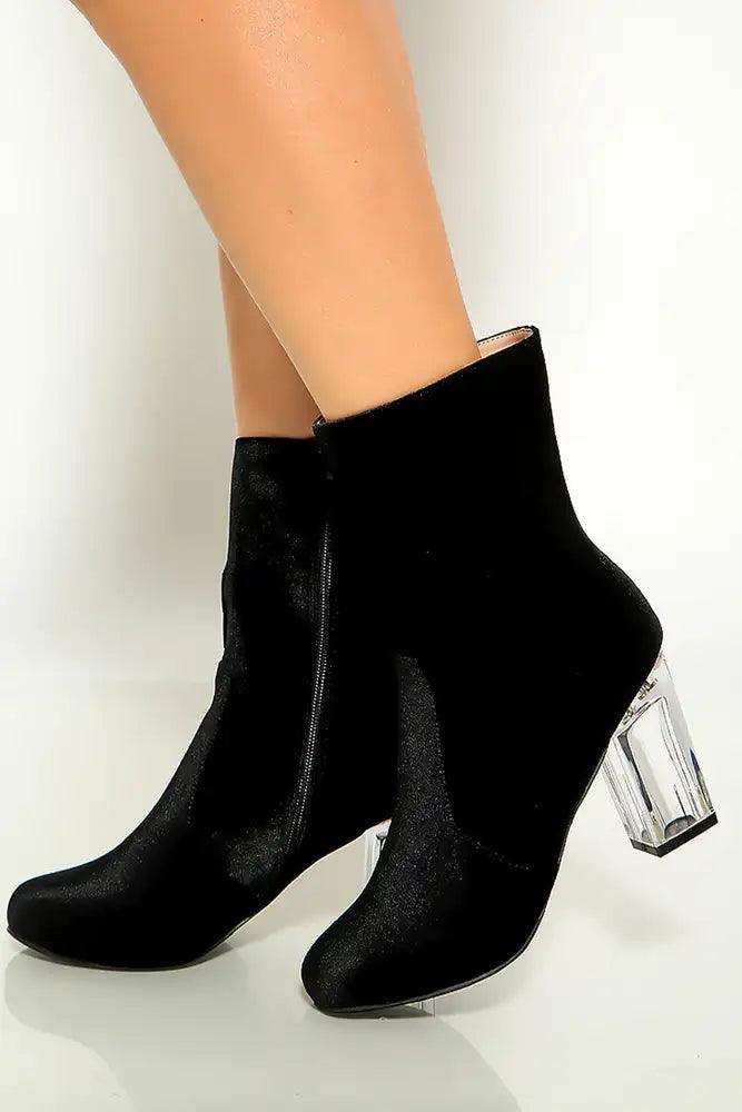 Black Shine Round Toe Clear Chunky Heel Booties Faux Velvet - AMIClubwear