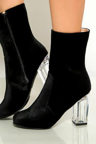 Black Shine Round Toe Clear Chunky Heel Booties Faux Velvet - AMIClubwear