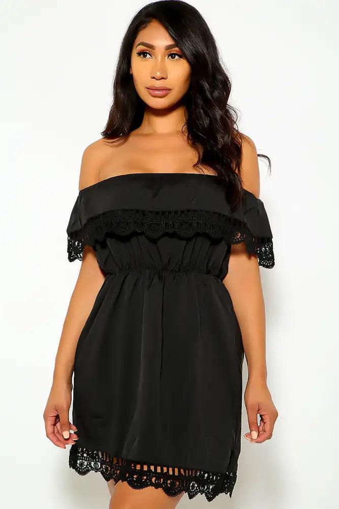 Black Short Sleeve Crochet Party Dress - AMIClubwear