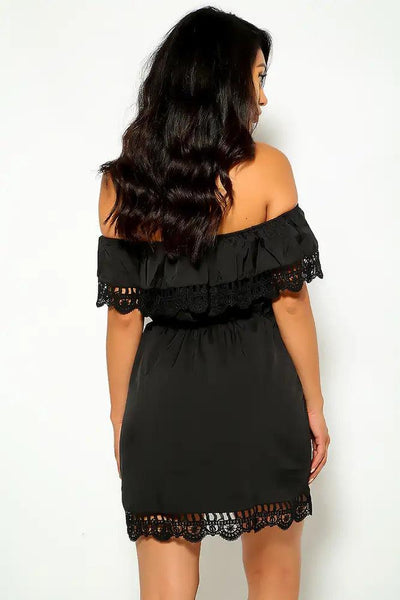 Black Short Sleeve Crochet Party Dress - AMIClubwear