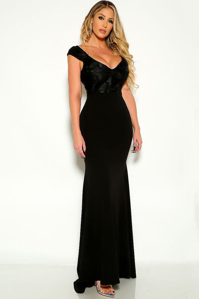 Black Short Sleeve Embroidered Formal Maxi Dress - AMIClubwear