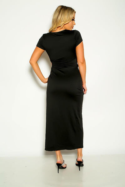 Black Short Sleeve Hollow Out Side Tie Sexy Maxi Party Dress - AMIClubwear