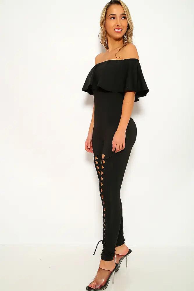 Black Short Sleeve Lace Up Jumpsuit - AMIClubwear