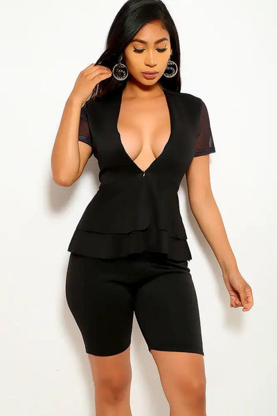 Black Short Sleeve Plus Size Two Piece Outfit - AMIClubwear