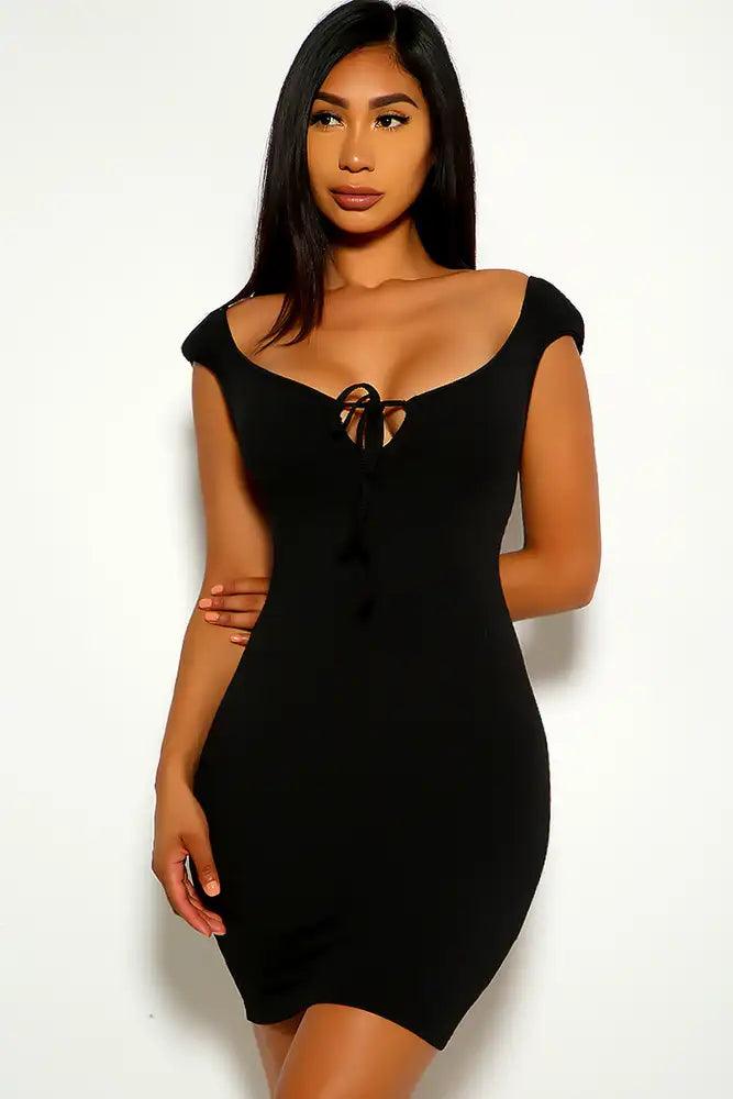 Black Short Sleeve Ribbed Party Dress - AMIClubwear