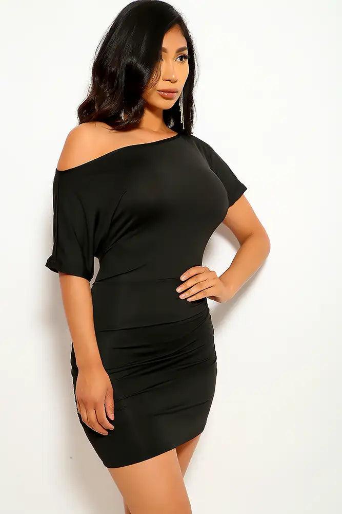 Black Short Sleeve Ruched Party Dress - AMIClubwear