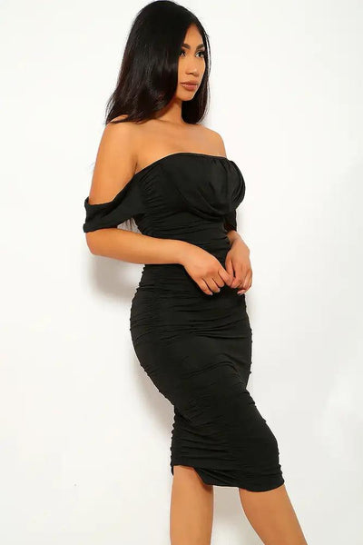 Black Short Sleeve Ruched Party Dress - AMIClubwear