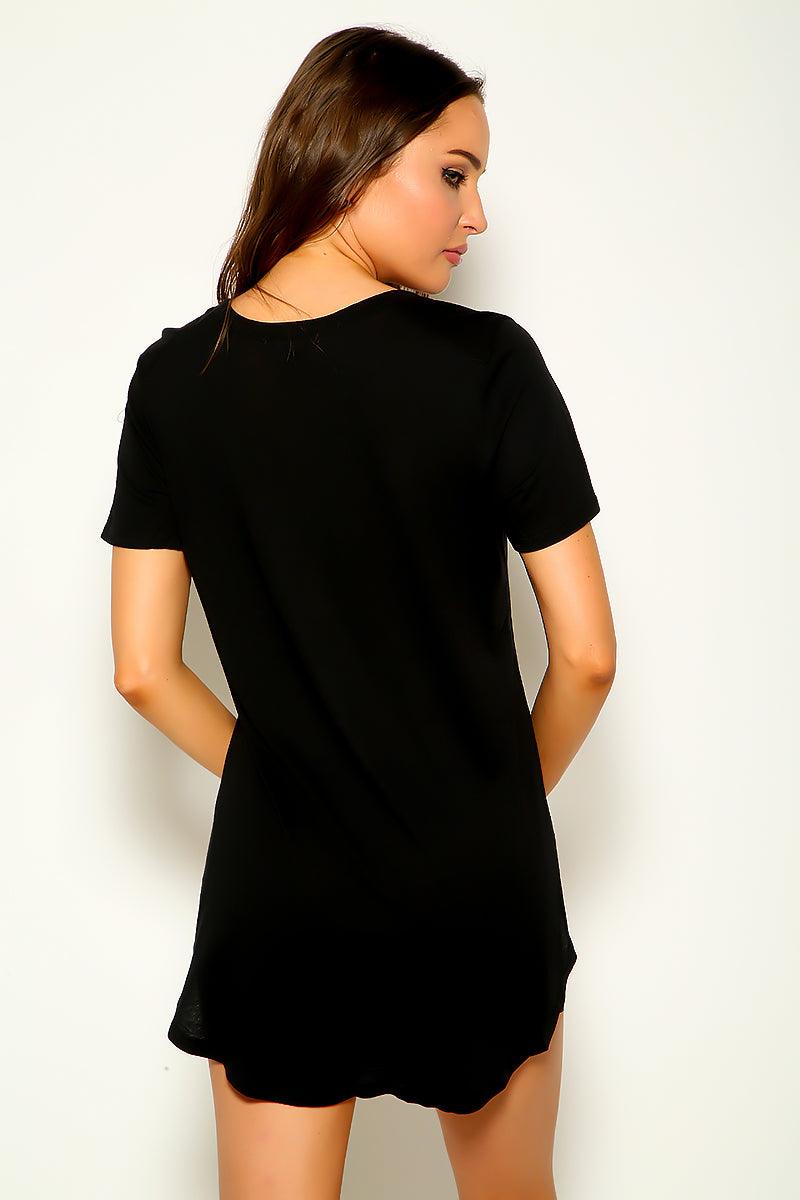 Black Side Slit Round Neck Short Sleeve Loose Fit Top - AMIClubwear