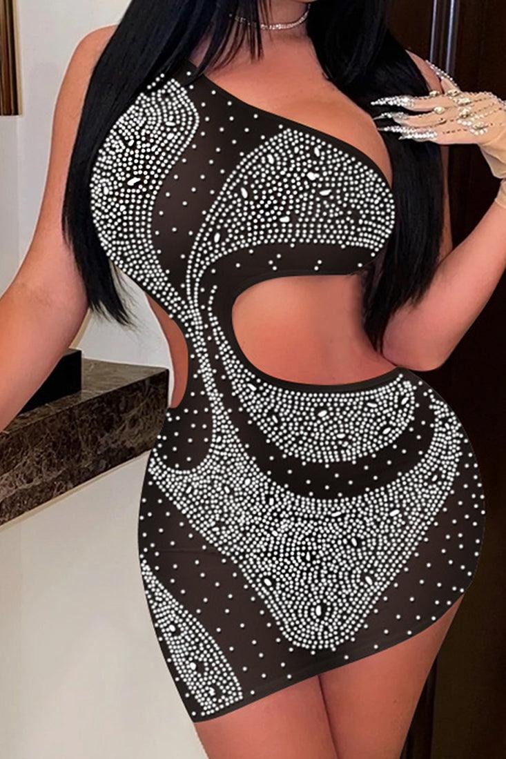 Black Silver Mesh Rhinestone Accent Cut Out Sexy Party Dress - AMIClubwear