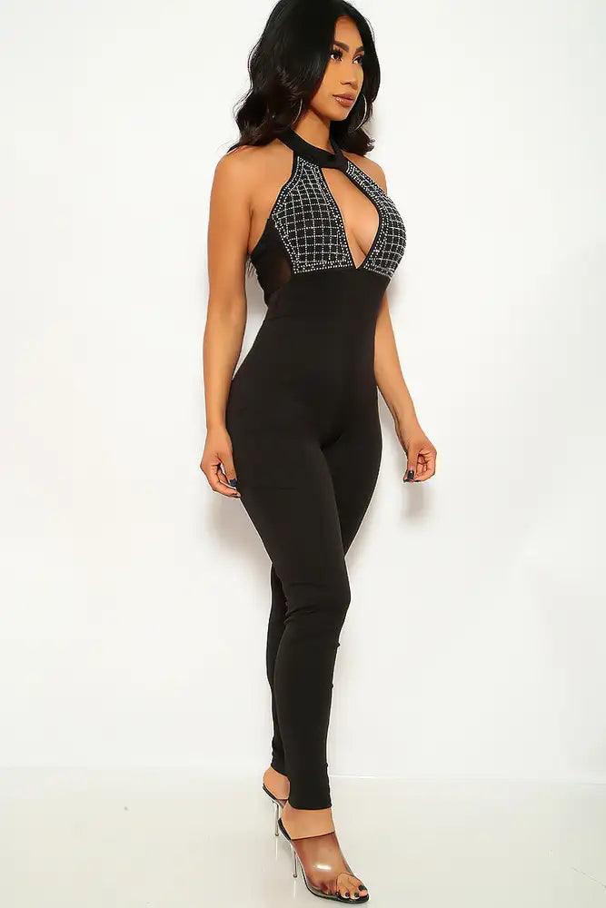 Black Silver Rhinestones Cut Out Jumpsuit - AMIClubwear