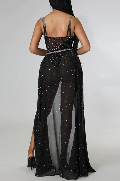 Black Silver Rhinestones Sleeveless Two Piece Party Dress - AMIClubwear