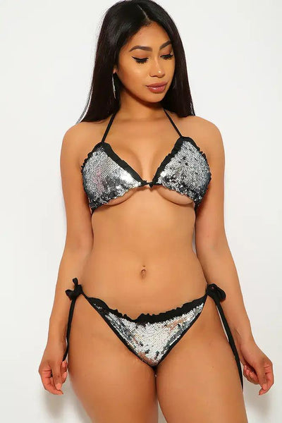 Black Silver Sequin Two Piece Bikini - AMIClubwear