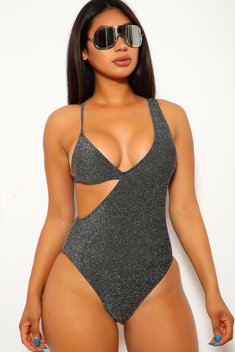 Black Silver Shimmer Cut Out One Piece Swimsuit - AMIClubwear