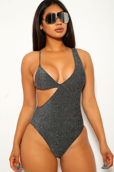 Black Silver Shimmer Cut Out One Piece Swimsuit - AMIClubwear