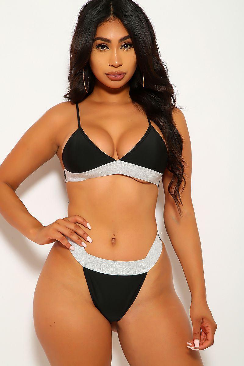 Black Silver Shimmery Two Piece Swimsuit - AMIClubwear