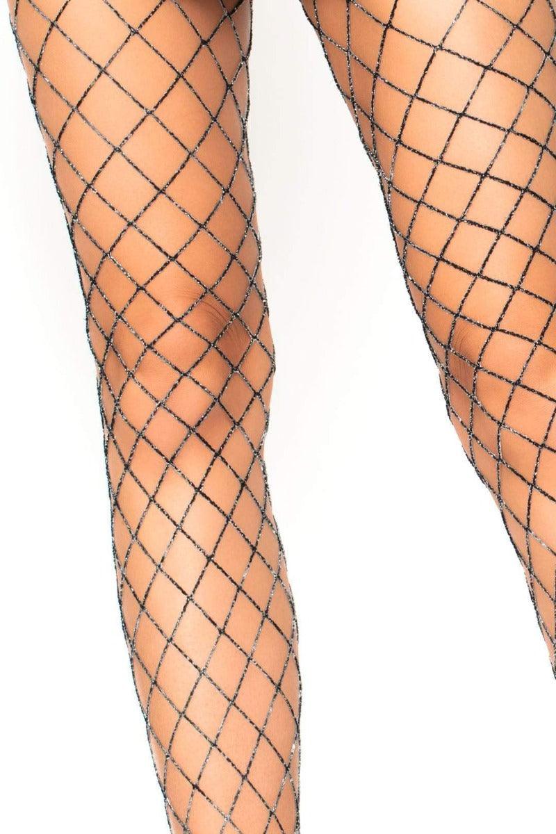 Black Silver Spandex Netted Tights - AMIClubwear