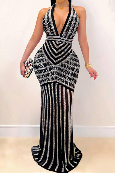 Black Silver Studded Halter Sleeveless Plunging Backless Sexy Maxi Cocktail Dress - AMIClubwear