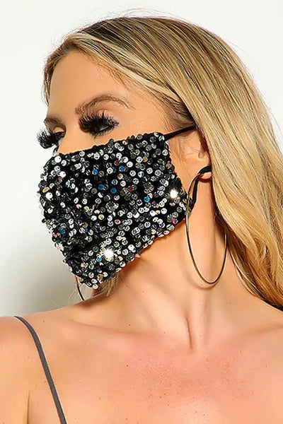 Black Silver Velvet Sequin Reusable Mask - AMIClubwear