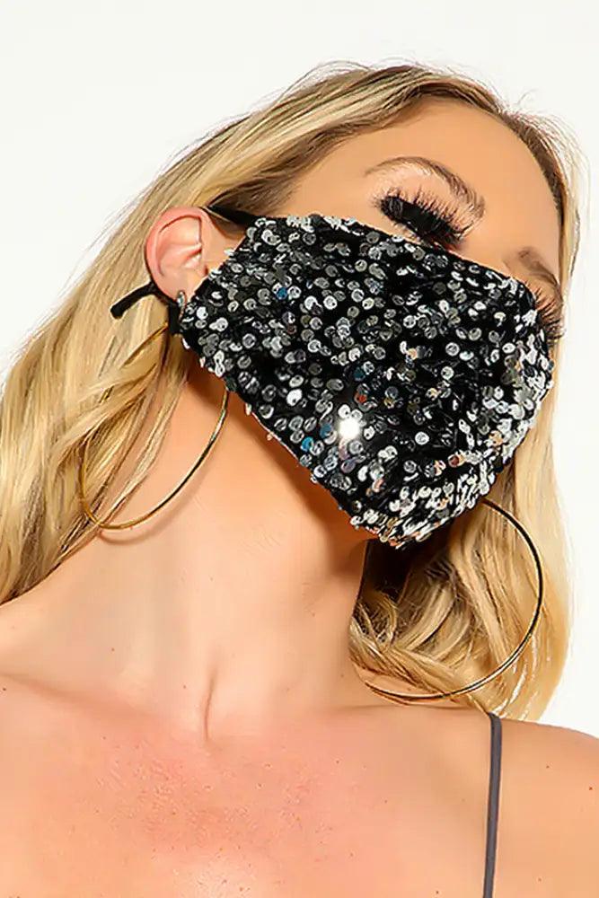 Black Silver Velvet Sequin Reusable Mask - AMIClubwear