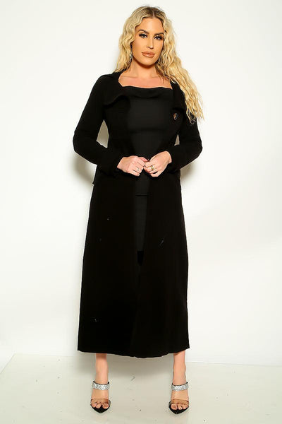 Black Single Button Long Sleeve Maxi Length Overcoat - AMIClubwear