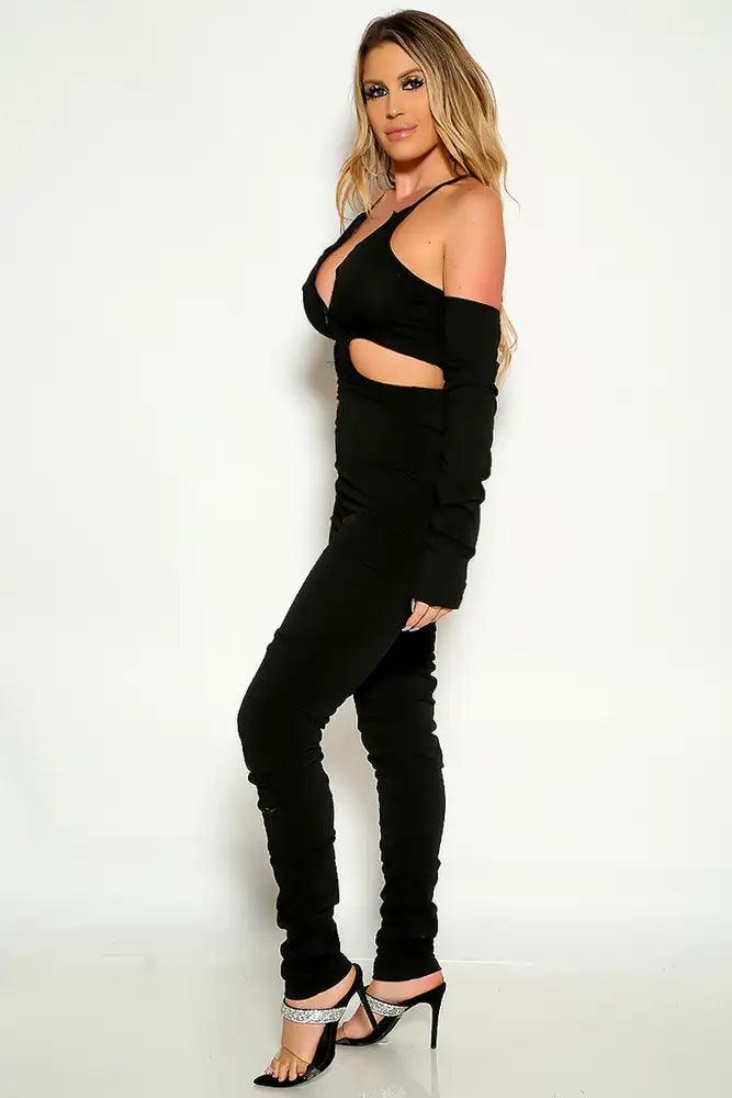 Black Sleeve Cut-Out Reversable Zipper Jumpsuit Outfit - AMIClubwear