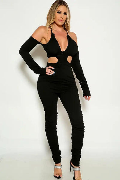 Black Sleeve Cut-Out Reversable Zipper Jumpsuit Outfit - AMIClubwear