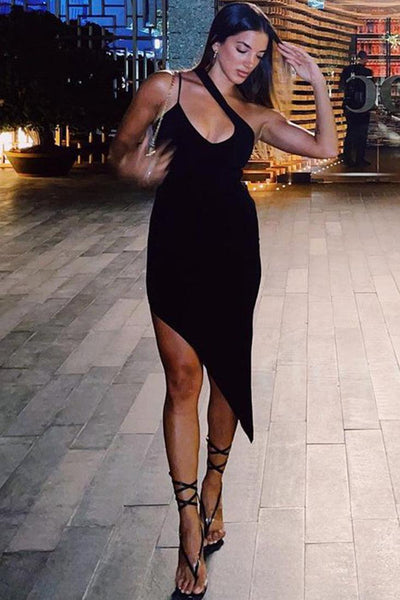 Black Sleeveless Asymmetrical One Shoulder Sexy Party Dress - AMIClubwear